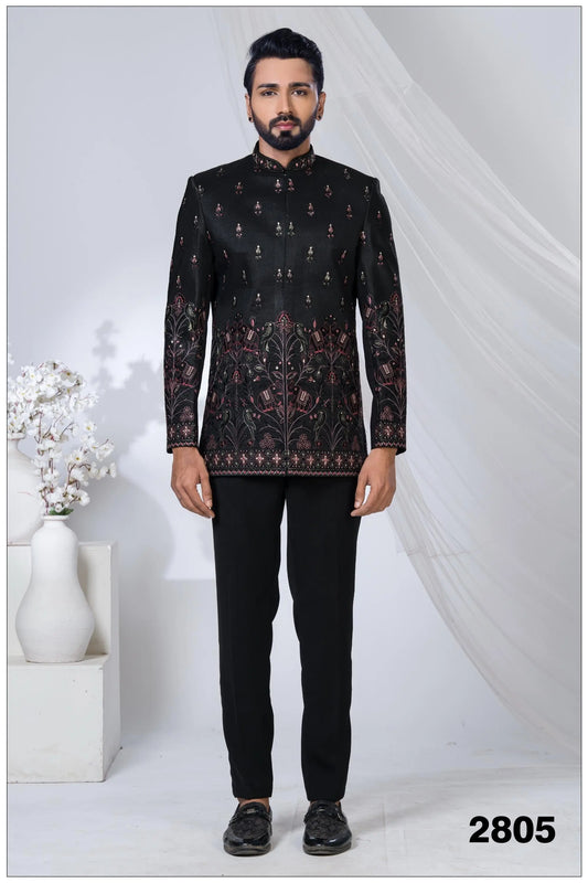Luxury Black Bird Motif Bandhgala Suit | Modern Designer Reception Outfit | Indian Wedding Wear | Laroyal