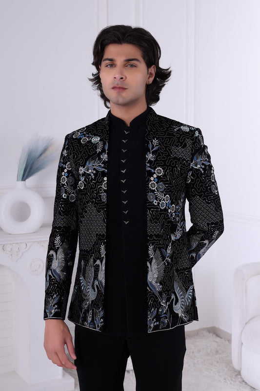 3-Piece Black Velvet Indo-Western Suit | Indian Sherwani | Designer Jacket & Kurta | Groom's Reception Outfit Laroyal