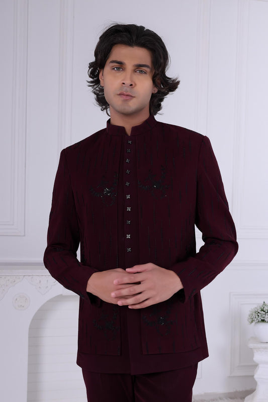 3-Piece Burgundy Indo-Western Suit Sherwani | Designer Jodhpuri Jacket & Kurta | Groom's Reception Sangeet Outfit