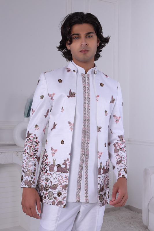 Embroidered Jodhpuri Suit: White Indo Western Sherwani, Woodland Animals Laroyal