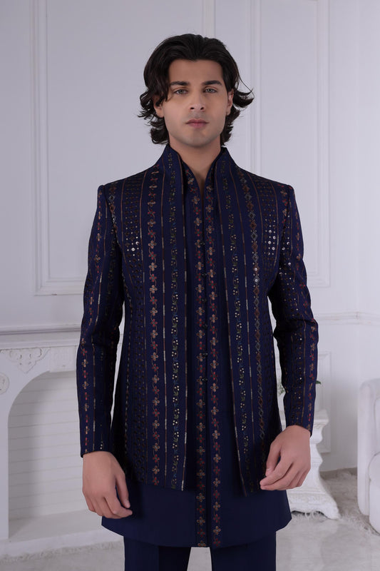 Dark Blue Sherwani: Gold Geometric Indian Wedding Outfit, Custom Tailored Laroyal
