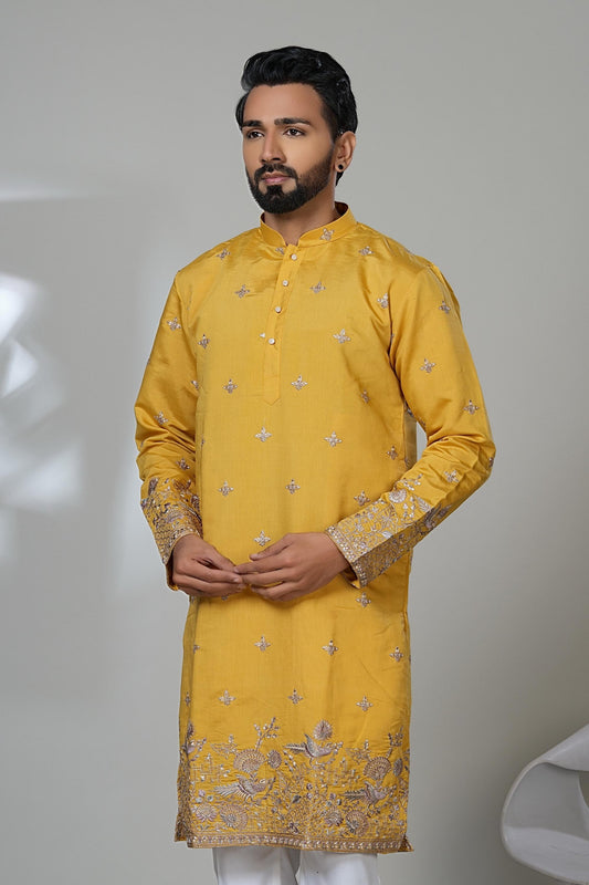 Embroidered Yellow Kurta Set: Haldi Mehendi Ceremony Outfit