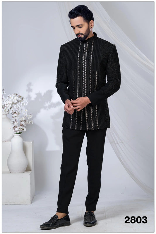 Luxury Black Indo-Western Bandhgala Suit | Designer Embroidered Sherwani for Groom & Wedding Reception | Men's Ethnic Wear Laroyal