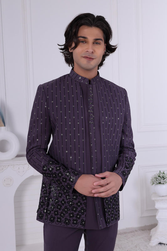 Men's Aubergine Sherwani: Sequin Indo-Western Suit, Cocktail Party Wear Laroyal