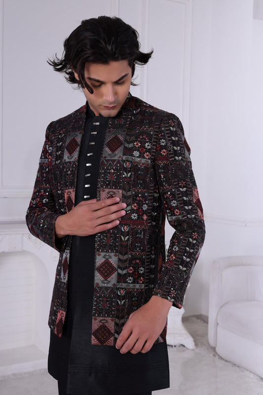 Black Geometric Jacquard Indo-Western Suit: 3-Piece Sherwani