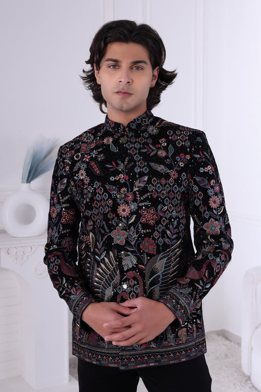 Designer Black Indo-Western Sherwani for Men with Heavy Embroidery LA2111 Laroyal