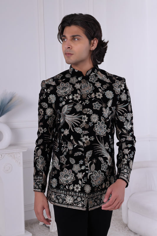 Black Floral Embroidered Indo-Western Sherwani for Men – Premium Wedding & Reception Designer Suit LA2121 Laroyal