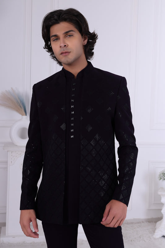 Black Indo Western Sherwani Set for Men – Designer Wedding, Reception, Sangeet Sandhya Wear LA2135 Laroyal