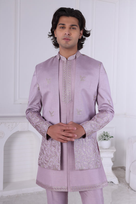 Elegant Dusty Lavender Indo Western Sherwani Set, Indian Ethnic Designer Party Wear for Men LA2144