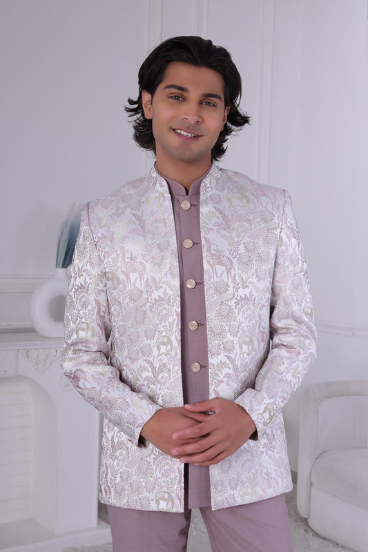 Lilac Jodhpuri Suit: Woven Jacquard Sherwani, Indian Groom Wedding Outfit