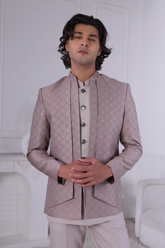 Geometric Jacquard Indo-Western Suit: Dusty Rose Wedding Sherwani Laroyal