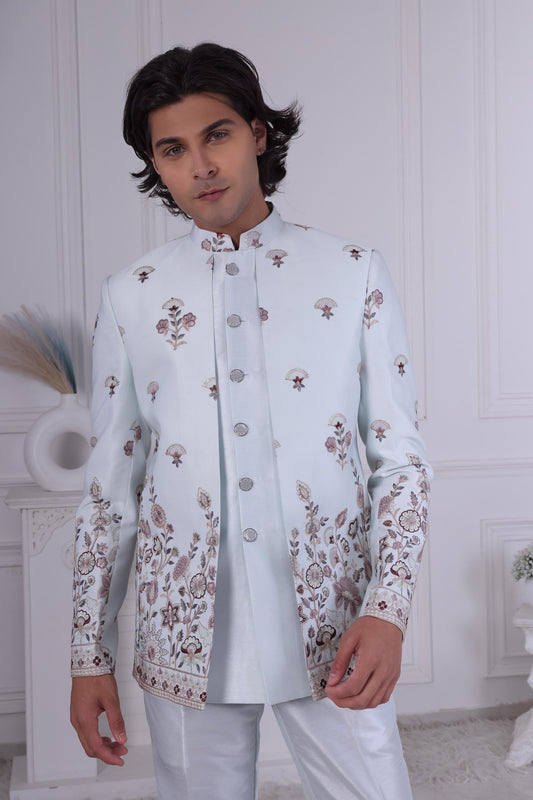 Men's White Embroidered Sherwani | 3-Piece Layered Jodhpuri Suit for Sangeet & Reception | Designer Ethnic Wear Laroyal