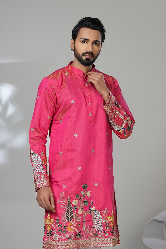 Bright Pink Kurta for Men: Multi-Color Peacock Embroidery Designer Kurta Laroyal