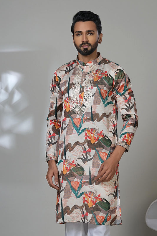 Men's Printed Kurta Set: Artistic Embellished Placket Laroyal