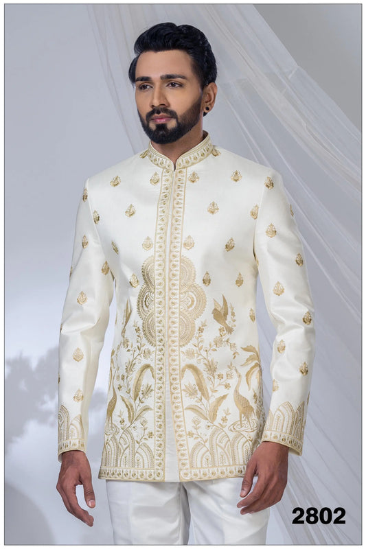 Regal Ivory Gold-Embroidered Bandhgala | Indian Sherwani | Groom Designer Sherwani Laroyal