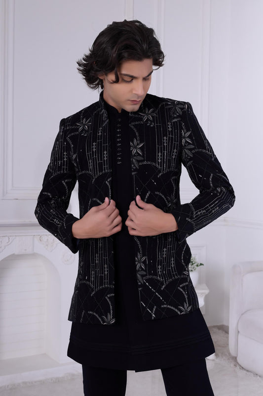 Black Sherwani for Men | Embroidered Indo-Western Jacket Suit | Indian Groom Wear | Reception & Wedding Outfit Laroyal