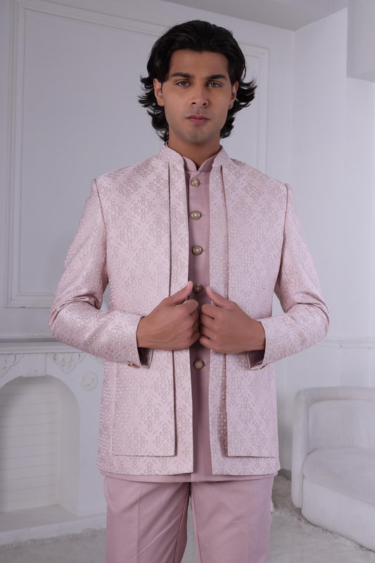 Blush Pink Embroidered Sherwani: Indo-Western Groom Wedding Outfit Laroyal