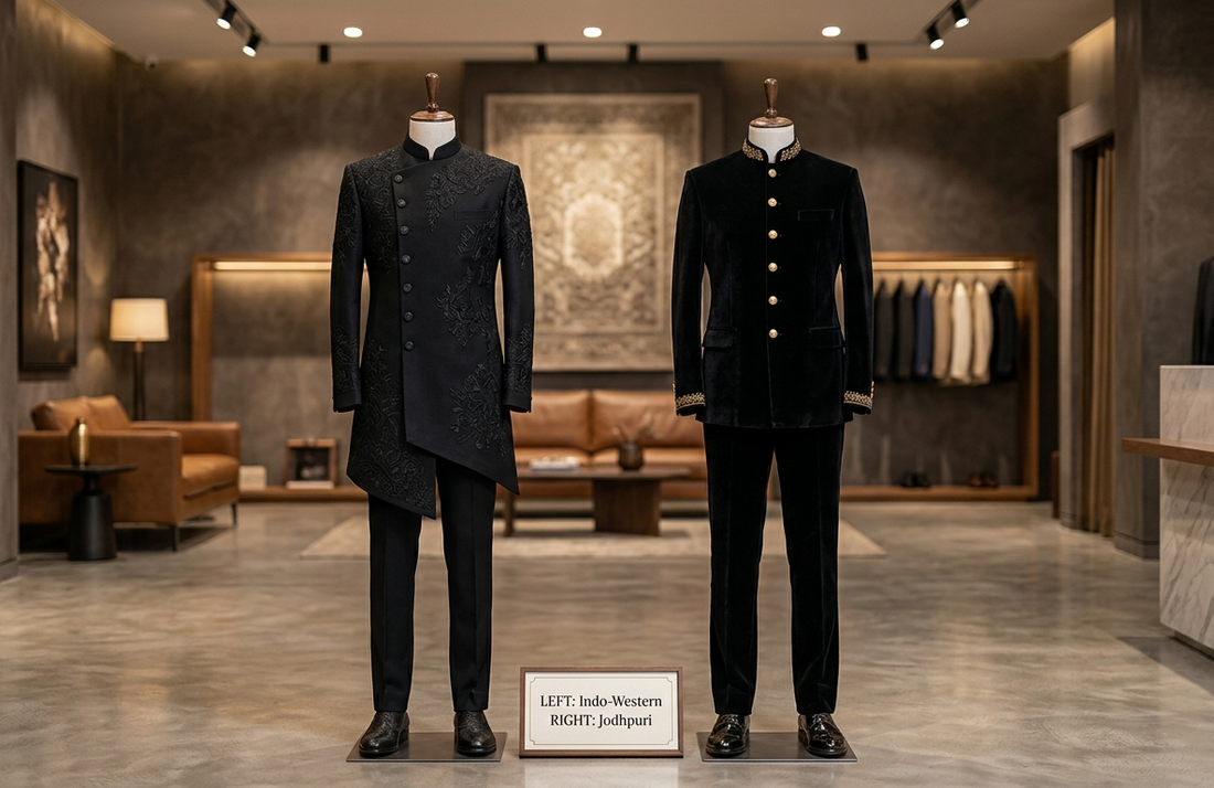 Luxury black asymmetric Indo-Western suit next to a royal black velvet Jodhpuri Bandhgala suit on mannequins in a premium boutique.