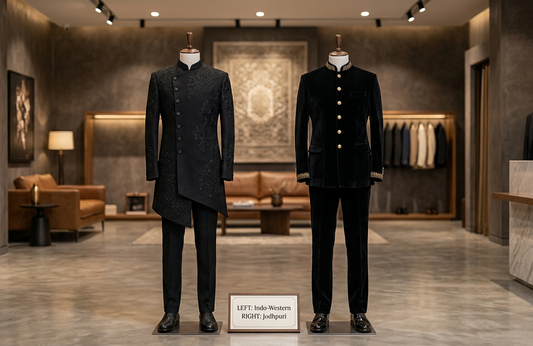 Luxury black asymmetric Indo-Western suit next to a royal black velvet Jodhpuri Bandhgala suit on mannequins in a premium boutique.