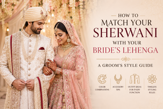 Indian groom wearing an ivory embroidered sherwani standing with a bride in a pastel pink lehenga, demonstrating how to coordinate wedding outfits for a traditional Indian wedding.