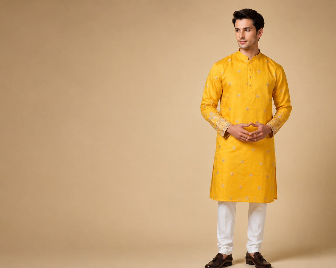 Male model in yellow embroidered Haldi kurta on beige background