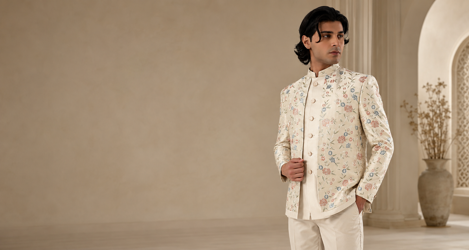 Ivory floral embroidered Indo-Western sherwani for men with pastel detailing, styled in a luxury editorial wedding setting with minimalist beige interiors and soft neutral tones.