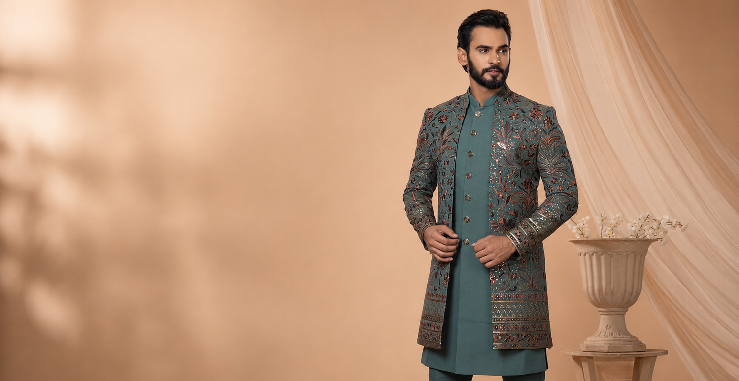 Male model in embroidered green Mehendi outfit