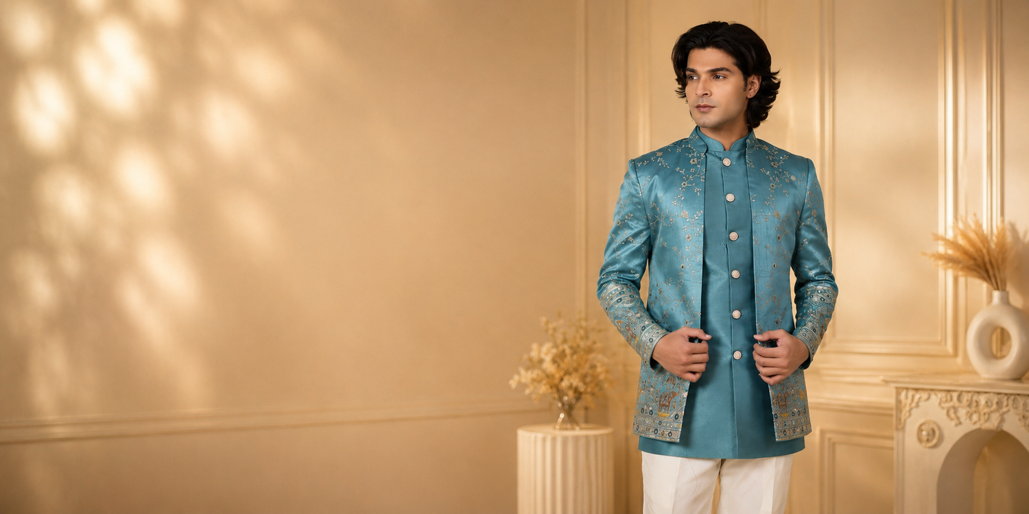 Male model in teal embroidered Jodhpuri Suit For Sangeet