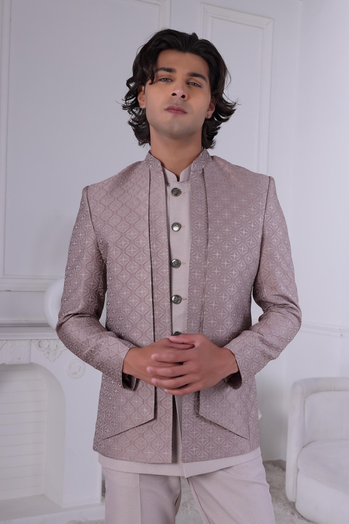 Geometric Jacquard Indo-Western Suit: Dusty Rose Wedding Sherwani Laroyal