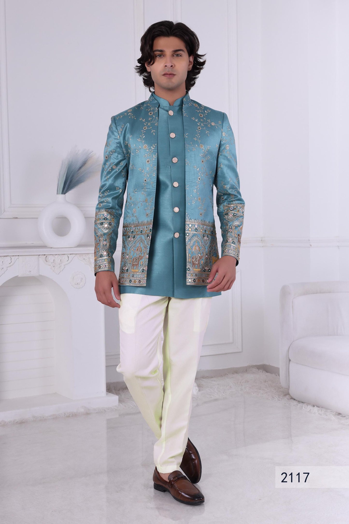 Sherwani Teal Blue Embroidered Jodhpuri Set for Men - Sherwani Wedding & Festive Wear Laroyal