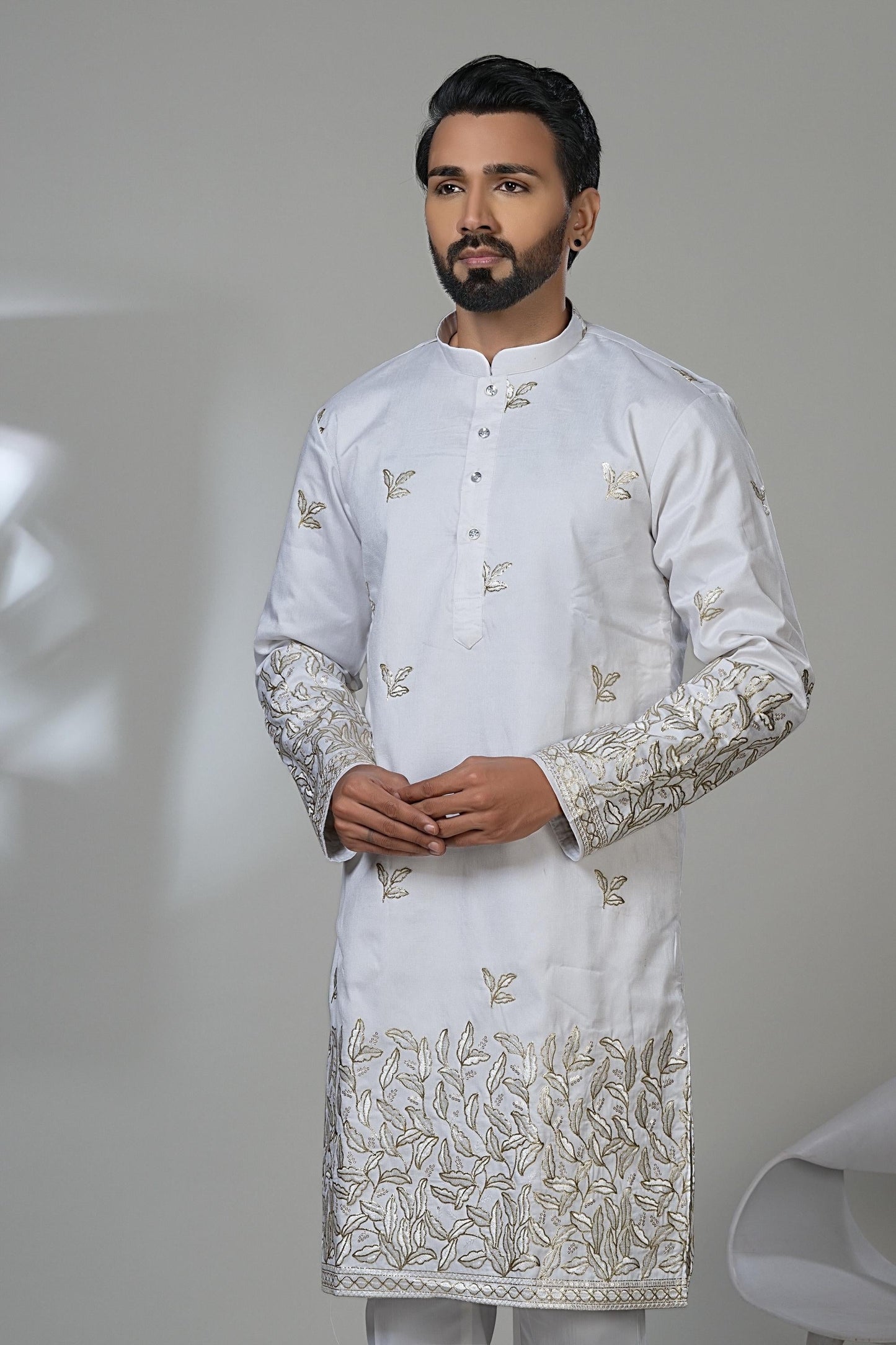 Gold Leaf Embroidered White Kurta Set - Designer Menswear Laroyal