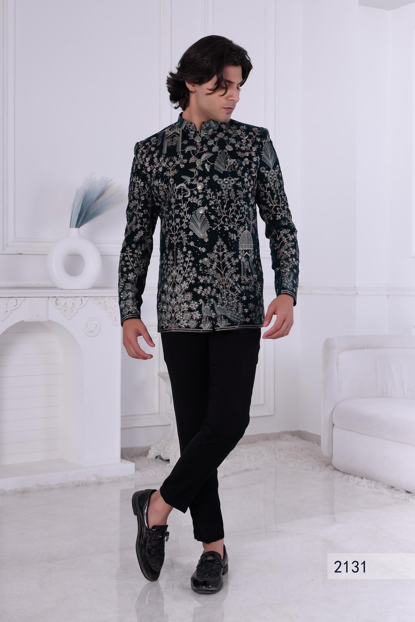 Emerald Green Velvet Jodhpuri Suit: Peacock Embroidery, Indian Groom Sherwani Laroyal