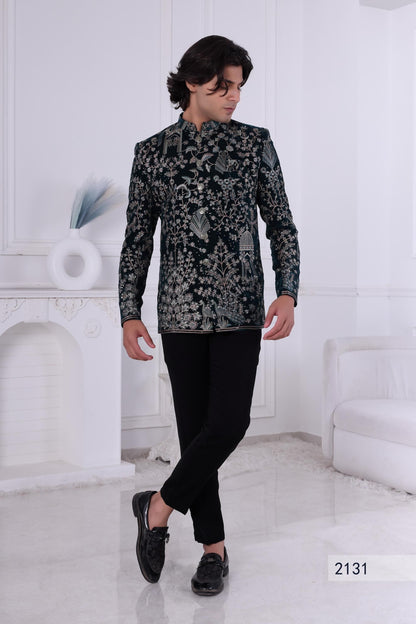 Emerald Green Velvet Jodhpuri Suit: Peacock Embroidery, Indian Groom Sherwani Laroyal