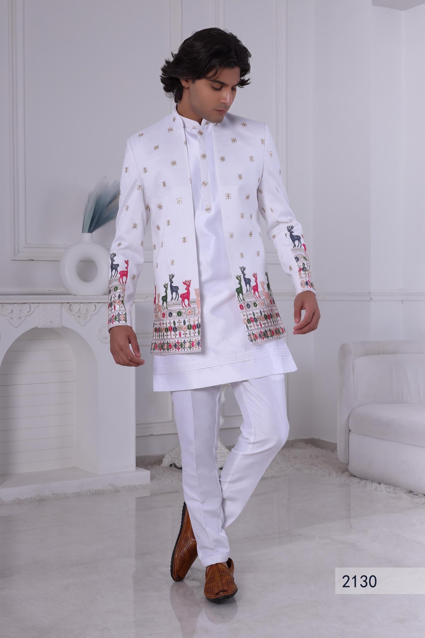 White Silk Blend Sherwani: Embroidered Deer, Indo-Western Suit Laroyal