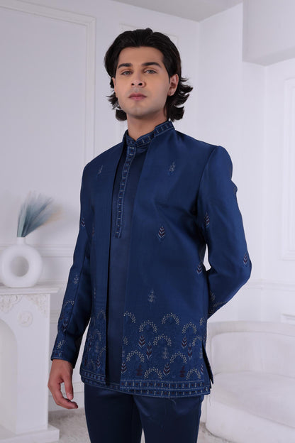 Embroidered Dark Blue Sherwani: Groom Wedding Outfit, Indo-Western Suit Laroyal