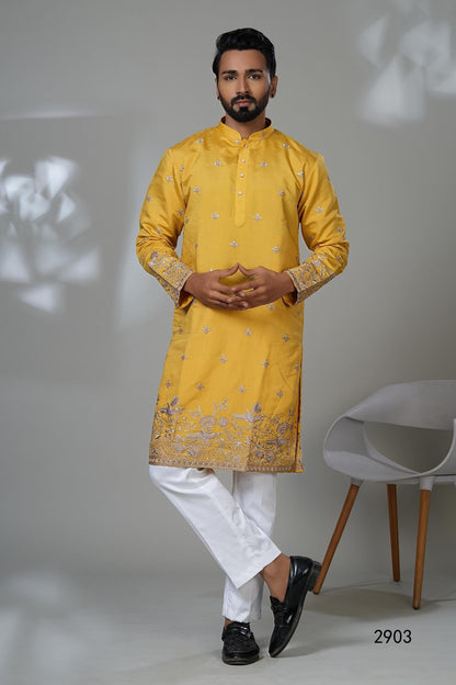 Embroidered Yellow Kurta Set: Haldi Mehendi Ceremony Outfit Laroyal