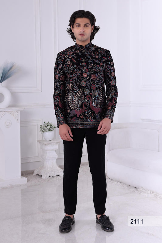 Black Embroidered Sherwani for Men – Regal Floral & Bird Design  Indian Wedding Outfit  Custom Tailored