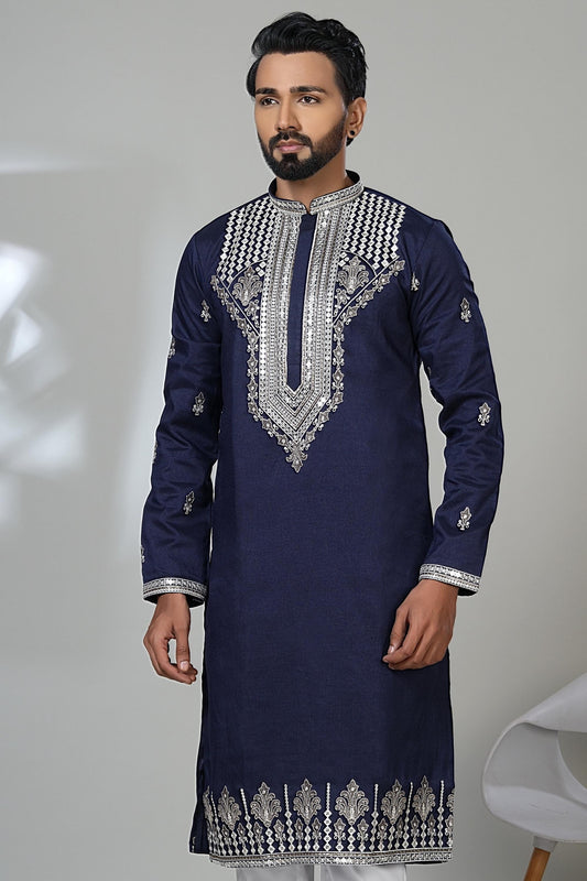 Dark Blue Kurta for Men with Heavy Silver Embroidery | Groom's Wedding & Sangeet Kurta Pajama