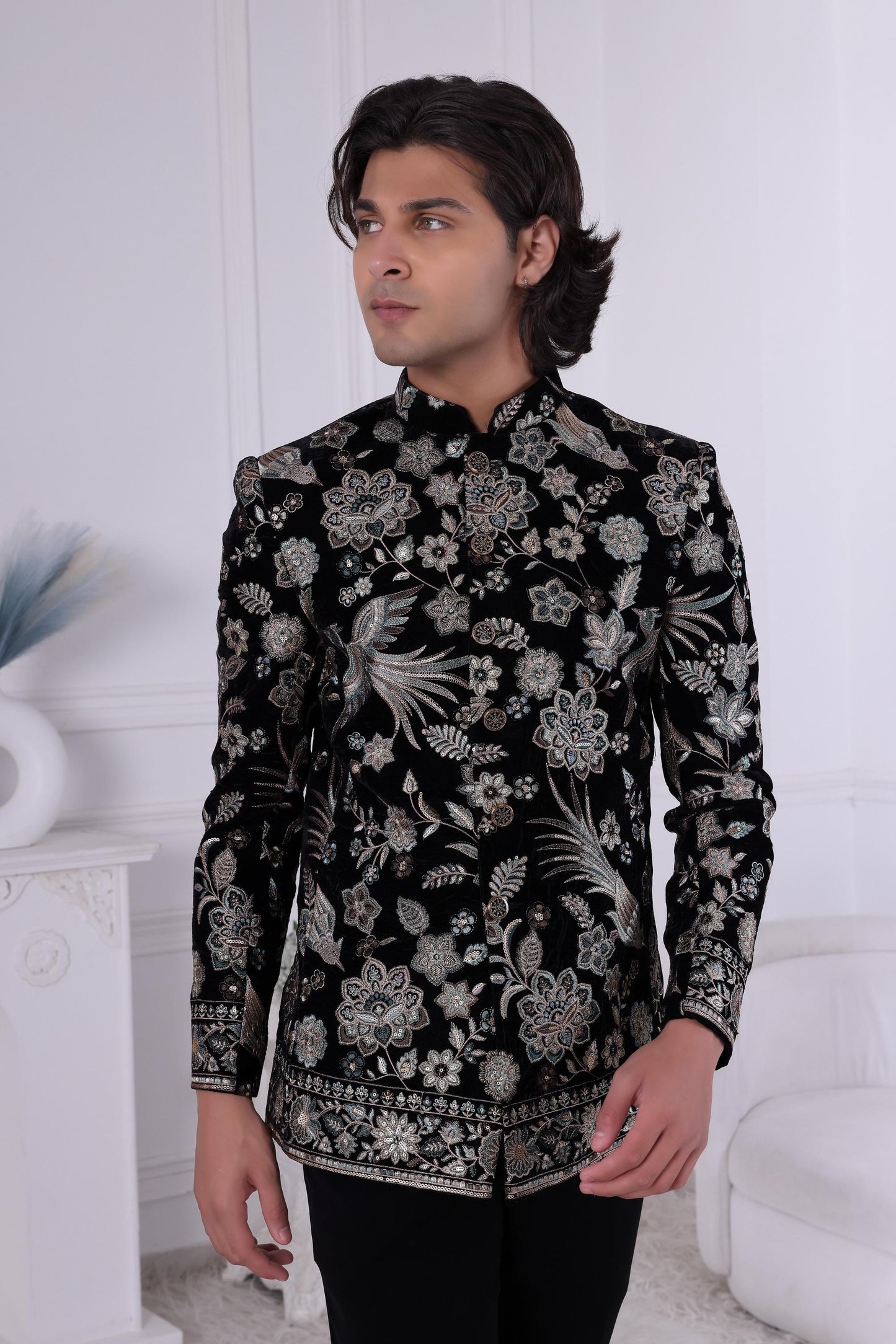 Emerald Green Velvet Jodhpuri Suit: Peacock Embroidery, Indian Groom Sherwani Laroyal