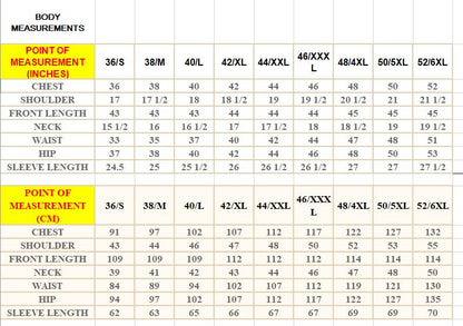 Measurement chart for body dimensions with labeled points and sizes.