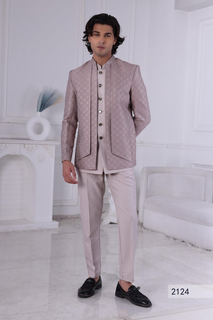 Geometric Jacquard Indo-Western Suit: Dusty Rose Wedding Sherwani Laroyal
