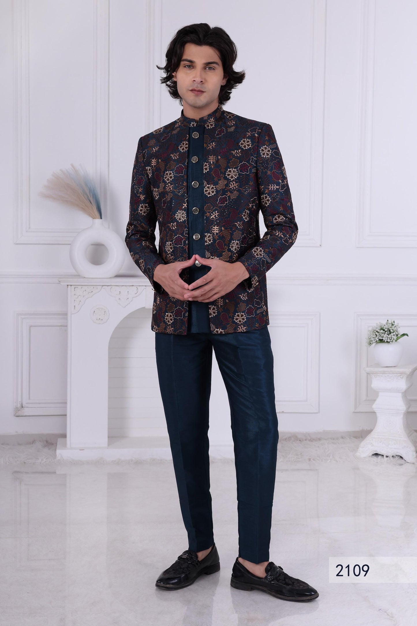 Embroidered Nehru Jacket Set: Indo Western Kurta Churidar Suit Laroyal