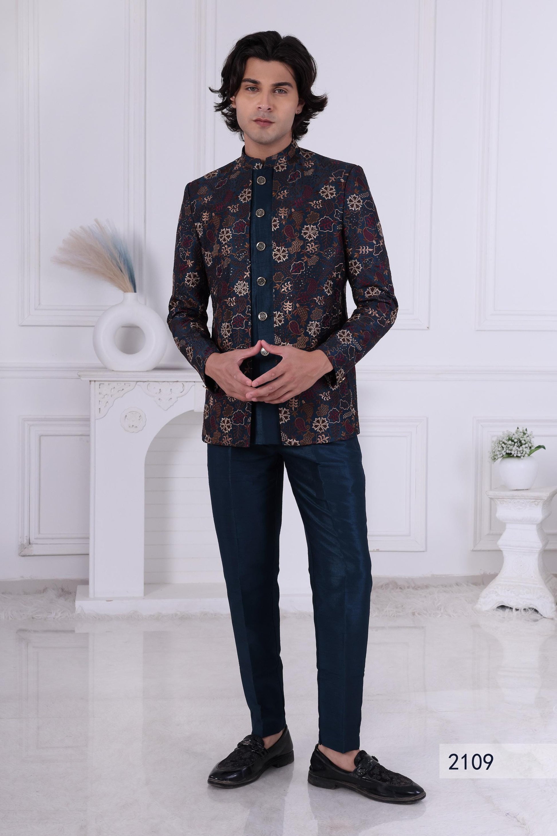 Embroidered Nehru Jacket Set: Indo Western Kurta Churidar Suit Laroyal