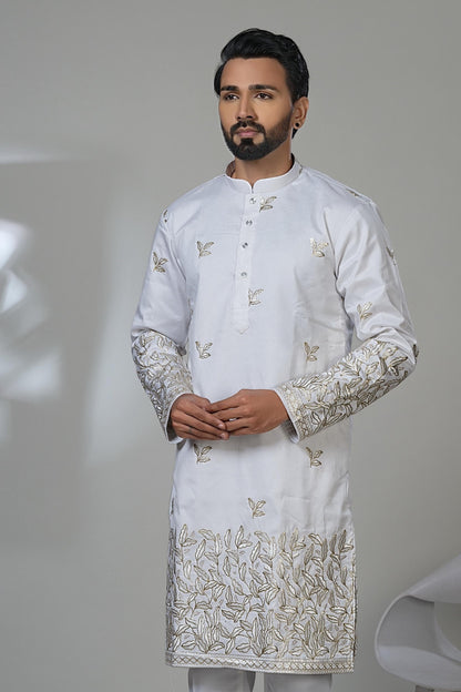 Gold Leaf Embroidered White Kurta Set - Designer Menswear Laroyal