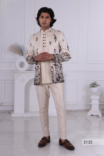 Artisanal Cream Indo-Western Sherwani with Kalamkari-Style Floral Embroidery | 3-Piece Designer Ensemble For Wedding Reception