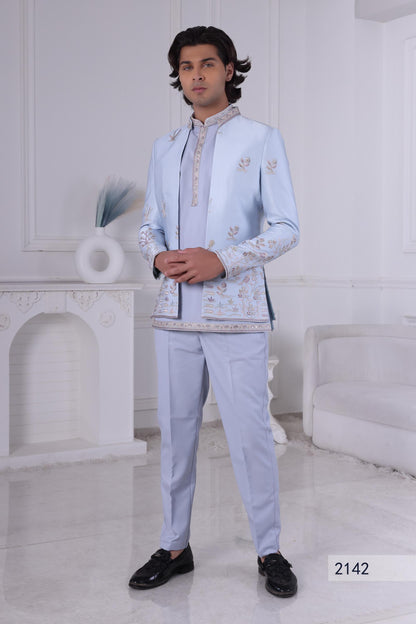 3-Piece Light Blue Indo-Western Suit | Indian Sherwani | Designer Jacket & Kurta | Groom's Sangeet Outfit