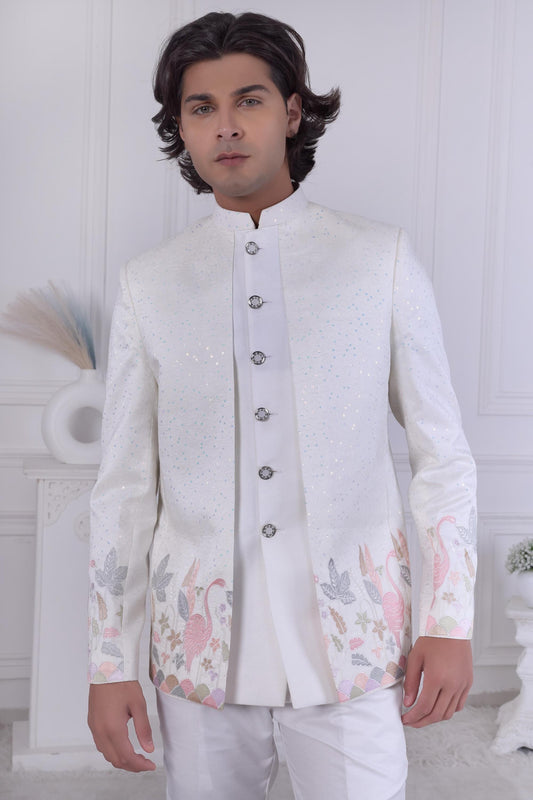 Men's White Jodhpuri Suit: Pastel Embroidered Indo Western Sherwani
