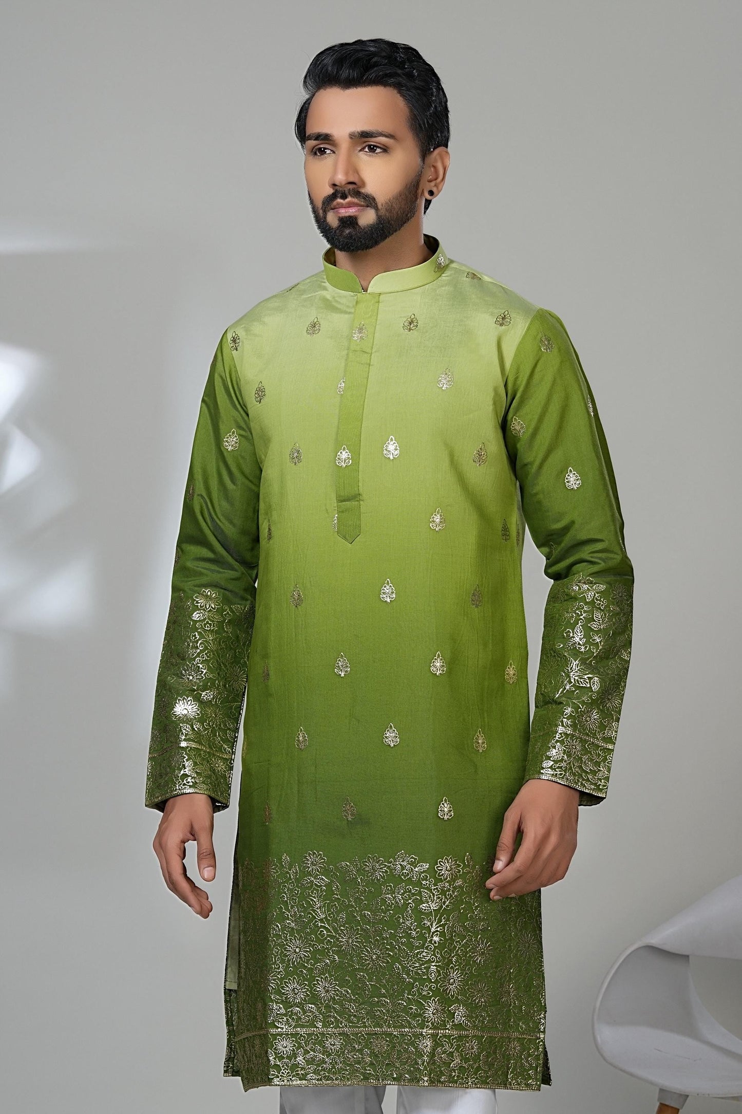 Men's Ombre Green Kurta with Gold Embroidery - Mehendi Sangeet Outfit Laroyal