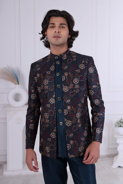 Embroidered Nehru Jacket Set: Indo Western Kurta Churidar Suit Laroyal