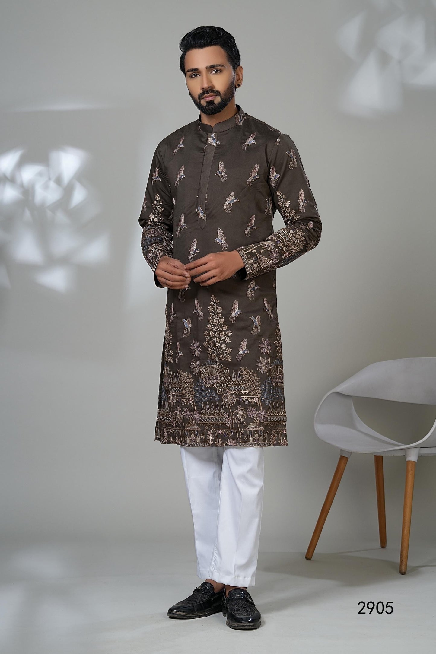 Embroidered Bird Kurta: Designer Dark Brown Kurta Set for Men Laroyal